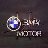 BMW logo and MOTOR neon sign light on metal stand, glowing white and blue accents