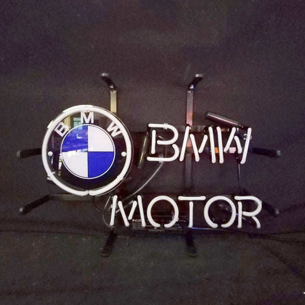 BMW logo and MOTOR neon sign light on metal stand, glowing white and blue accents