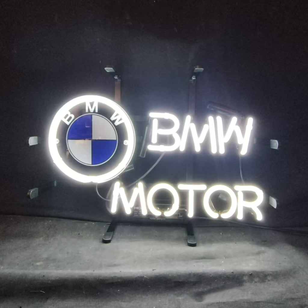 BMW logo neon sign light with MOTOR text, round badge and glowing white tubing