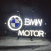 BMW logo neon sign light with MOTOR text, round badge and glowing white tubing