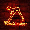 Neon beer mug wall sign with glowing Budweiser lettering and outline