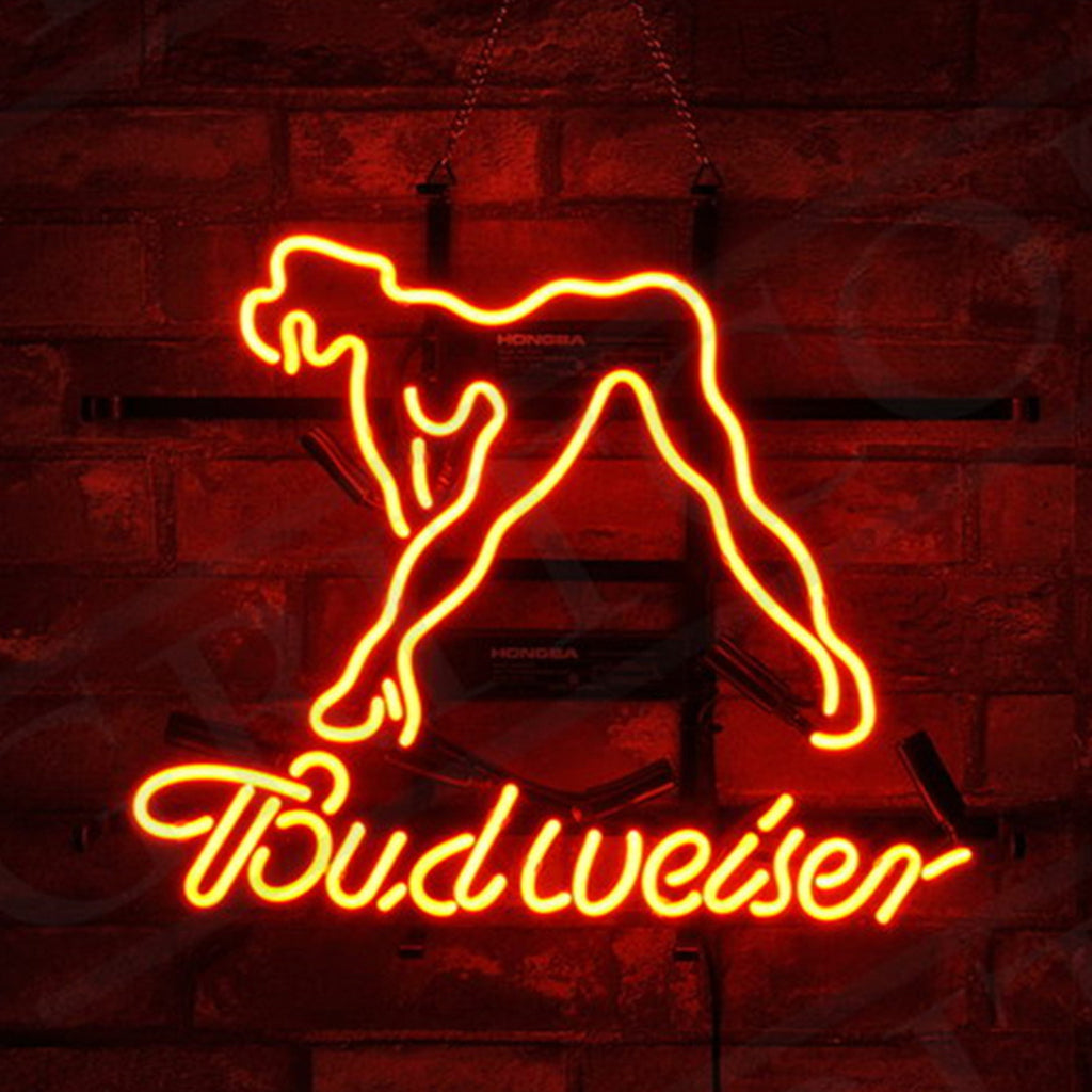 Neon beer mug wall sign with glowing outline and Budweiser cursive text
