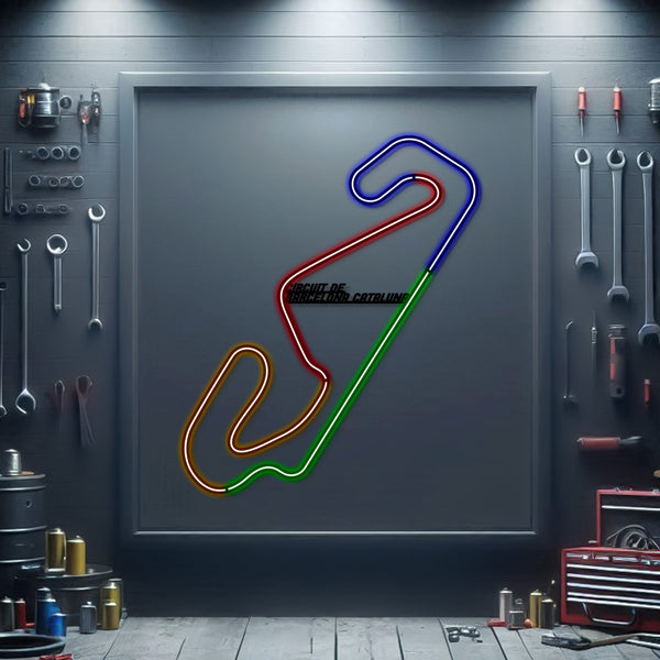 Multicolor neon-style metal race track wall art with loop and straight lines