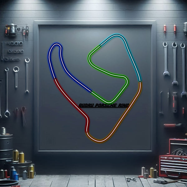 Metal neon race-track ring wall sign with blue, green, red and yellow outlines