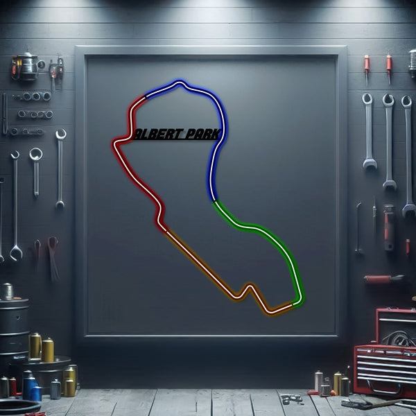 Neon race track metal sign outline with multicolor glowing lights