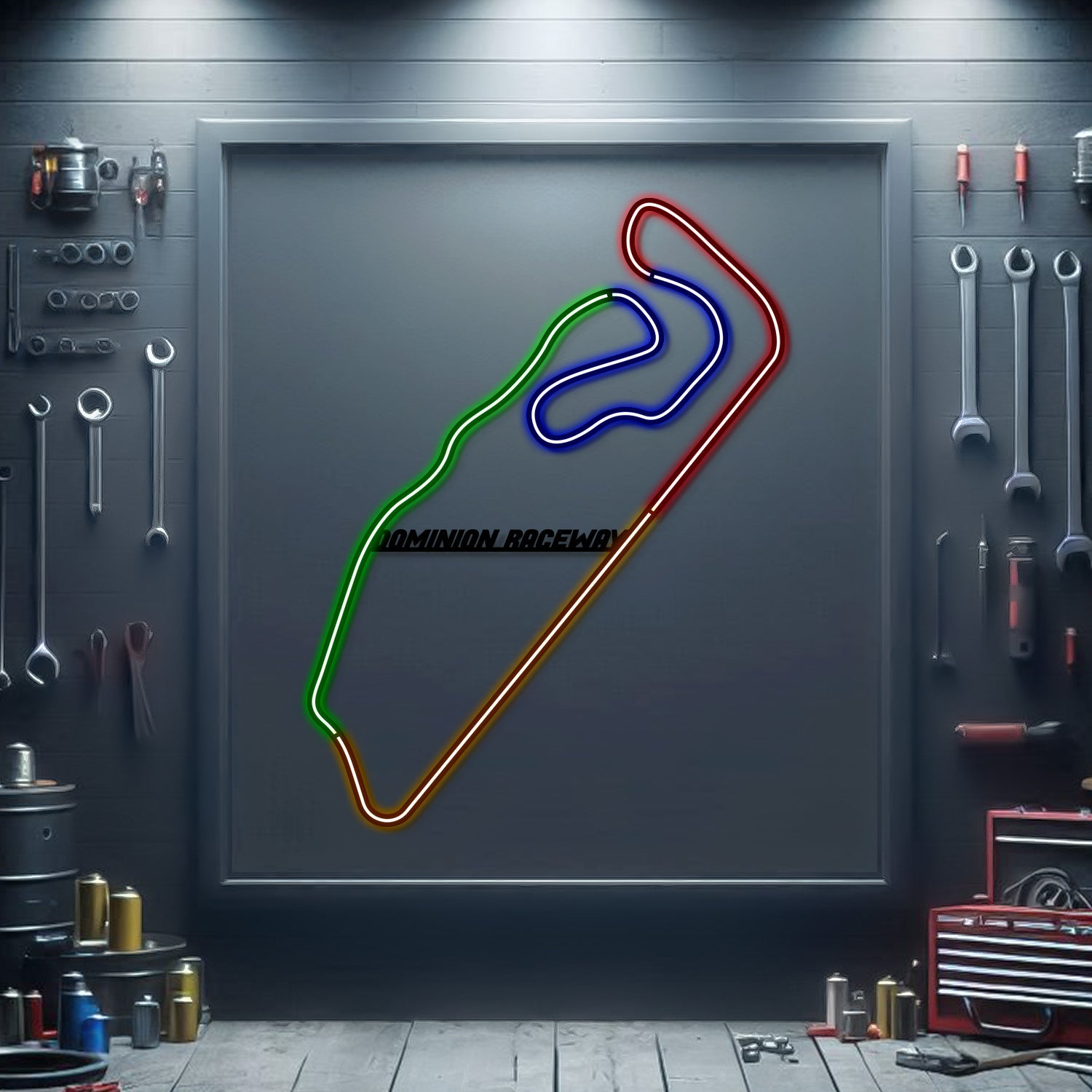 Metal neon race track sign with multicolor outlined track in a square frame