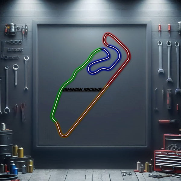 Metal neon race track sign with multicolor outlined track in a square frame