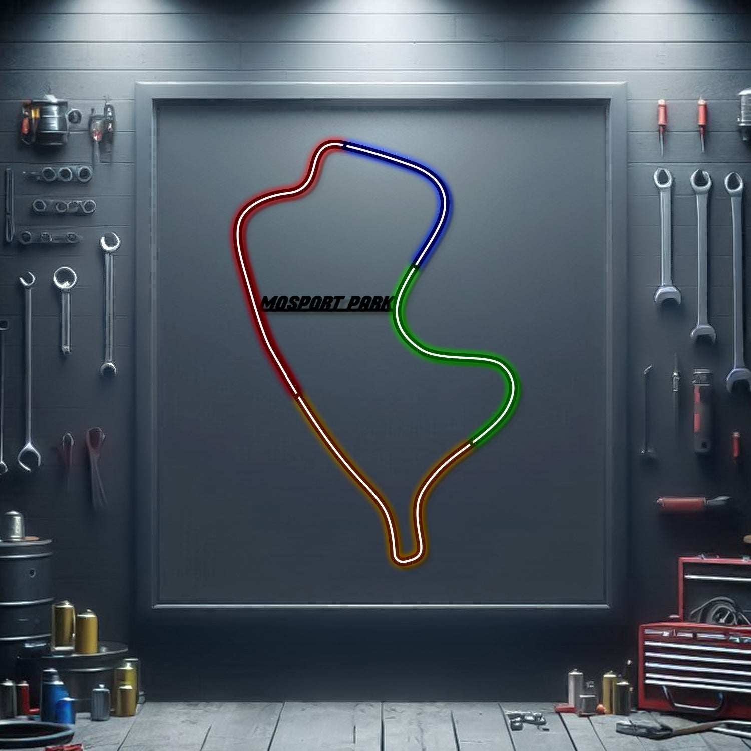 Metal neon race track sign with multi-color outline on dark backing