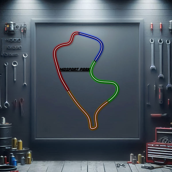 Metal neon race track sign with multi-color outline on dark backing