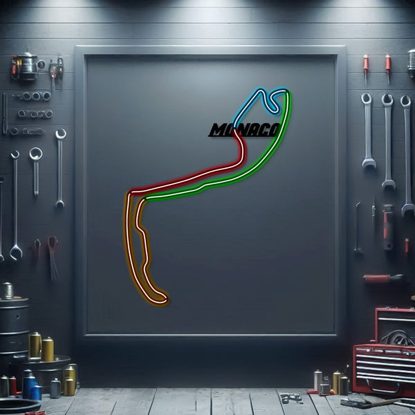 Metal neon race track wall sign with multicolor glowing outline