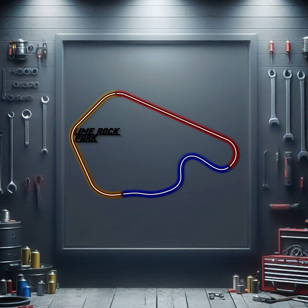 Metal neon race track sign with red, blue, and yellow outline and inner logo