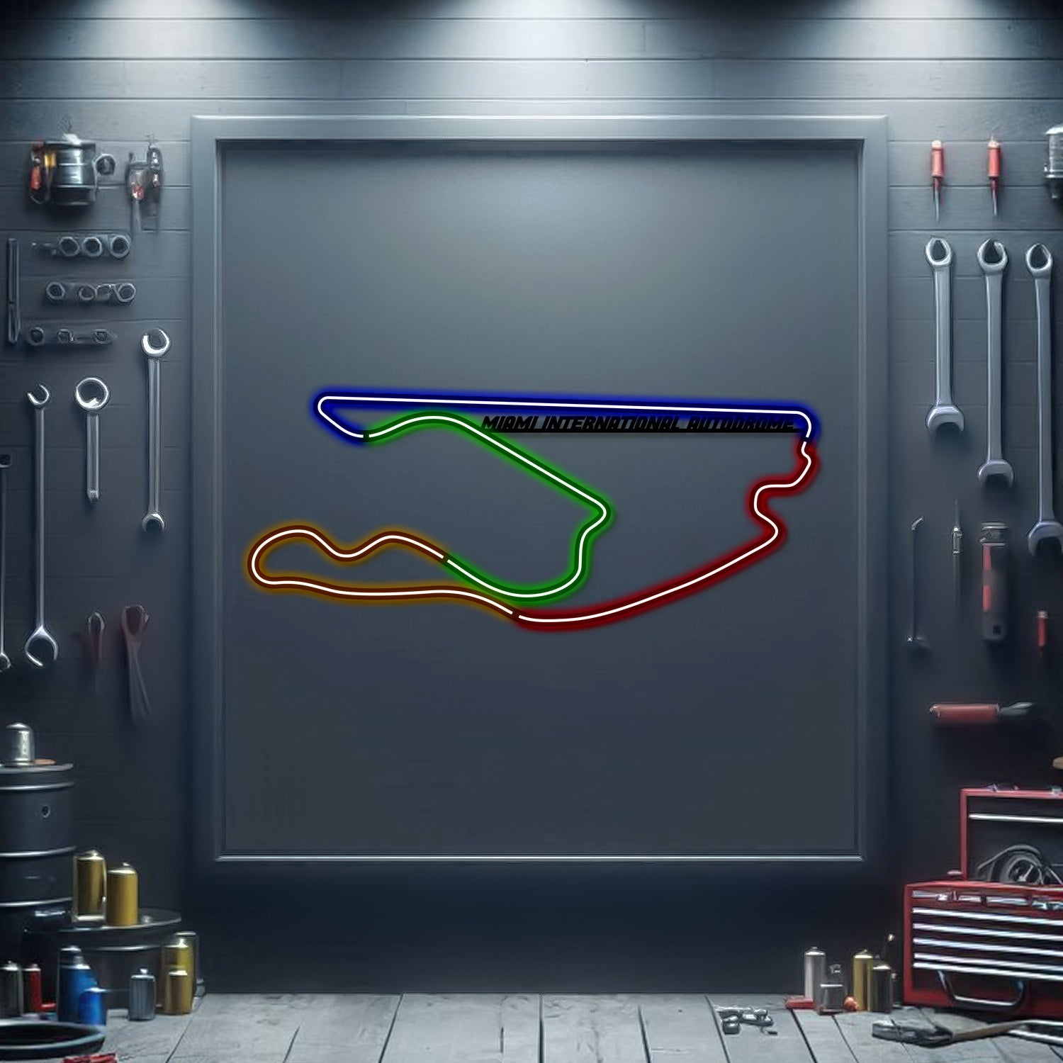 Metal neon race track wall art with multicolor outline in a framed panel