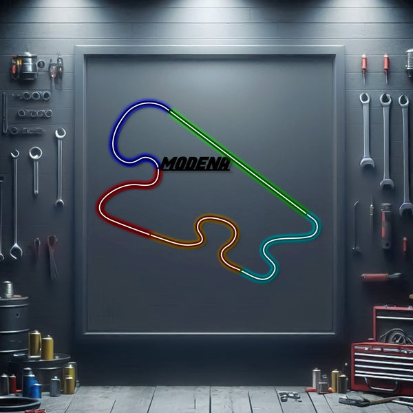 Metal neon race track with multi-color outline and Modena logo