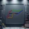 Multi-color neon race track wall sign with metal frame, curved circuit outline