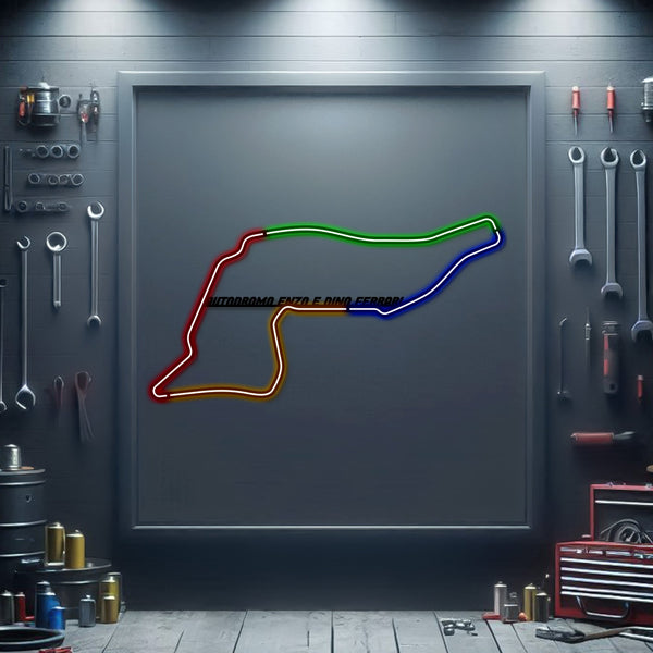 Multi-color neon race track wall sign with metal frame, curved circuit outline