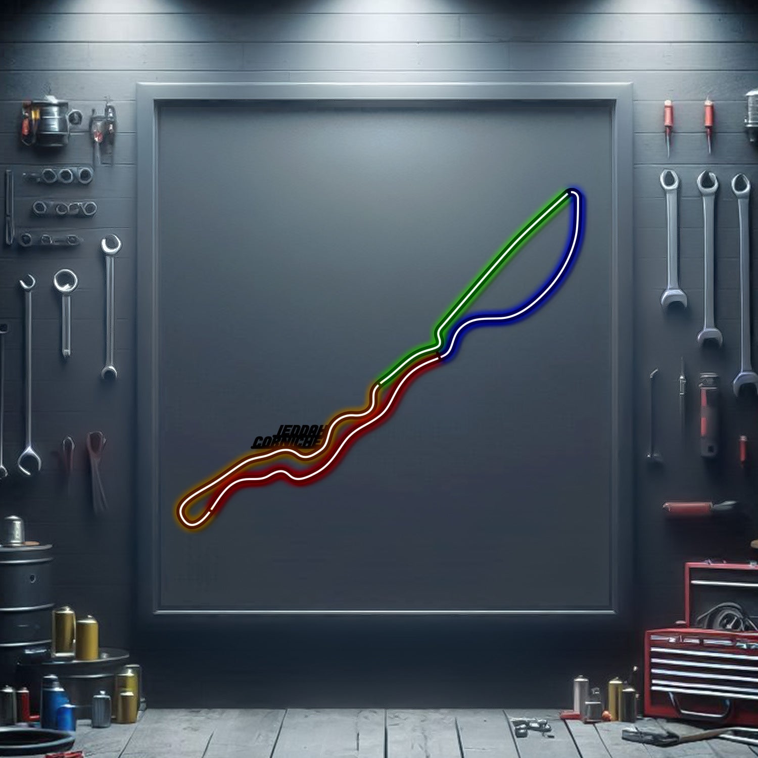 Multi-color metal neon race track sign in a framed square display.