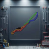 Multi-color metal neon race track sign in a framed square display.