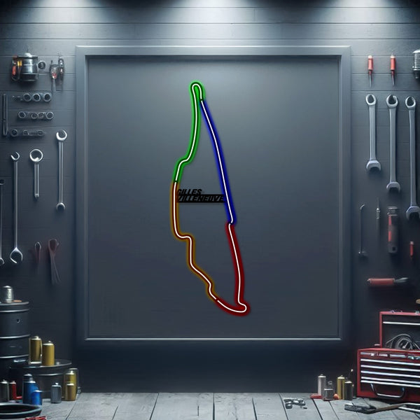 Metal neon race track sign with outlined driver silhouette in multicolor light, framed