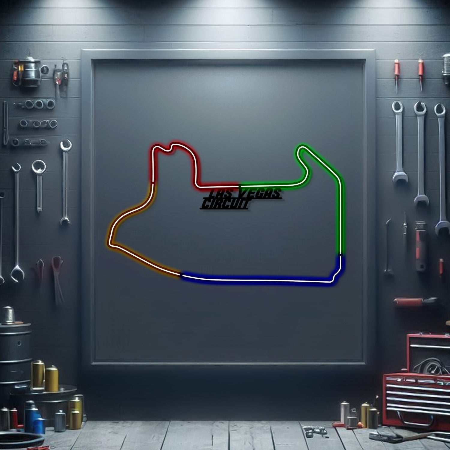 Metal neon race track sign with multi-color circuit outline, framed