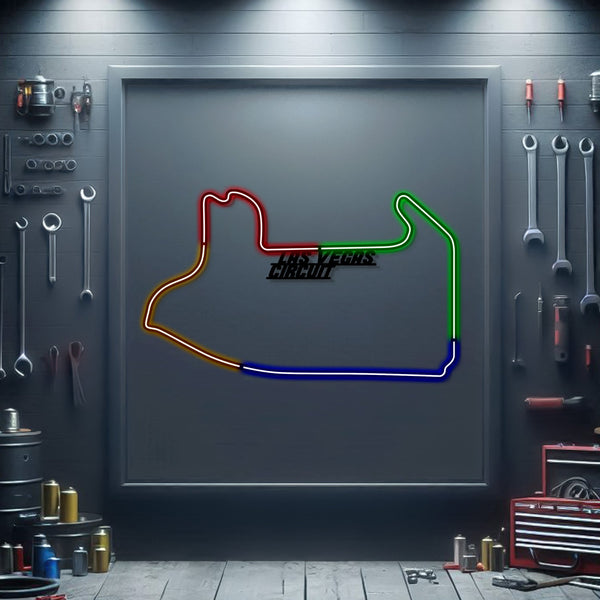 Metal neon race track sign with multi-color circuit outline, framed