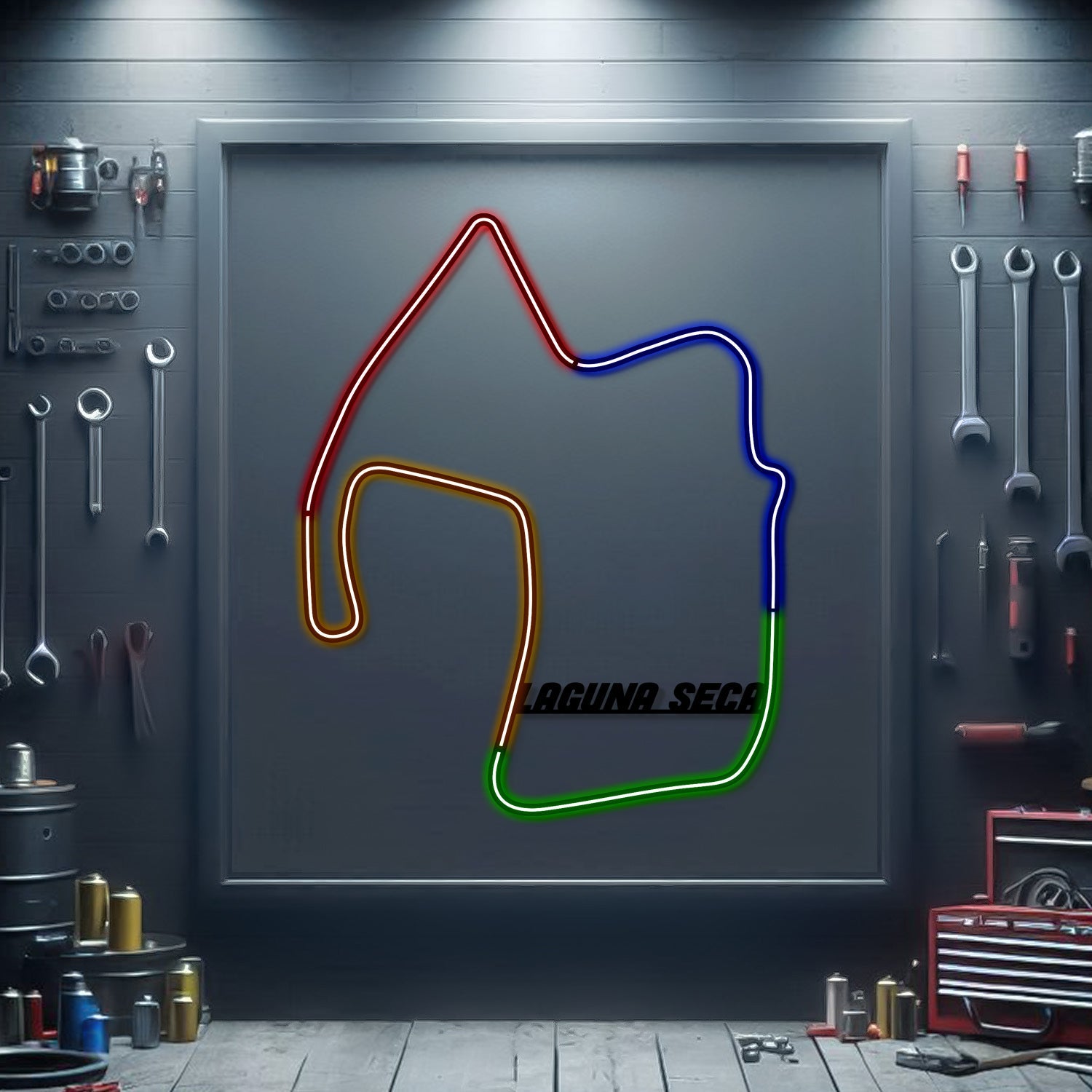Framed metal neon race track outline with red, blue, green, and yellow light