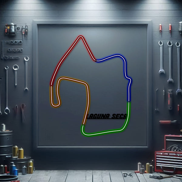 Framed metal neon race track outline with red, blue, green, and yellow light