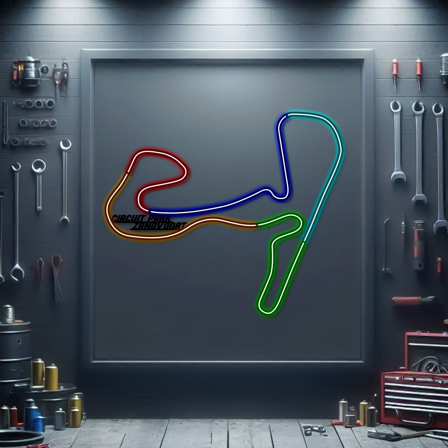 Framed metal neon race track sign with multicolor glowing track lines