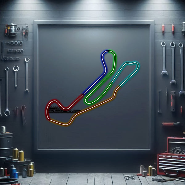 Metal neon race track wall sign with multi-color outline on dark board