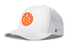 White 5-panel performance snapback hat with circular CGY logo badge and side perforations