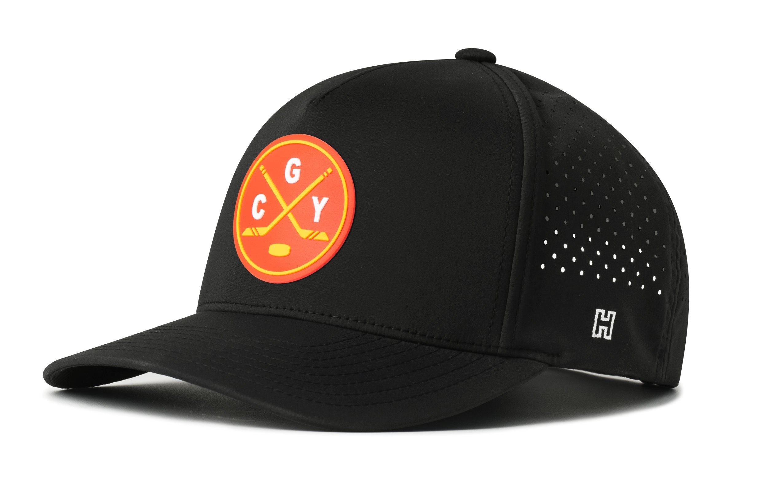 Black 5-panel performance snapback hat with circular CGY logo badge and side perforations