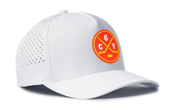 White 5-panel snapback hat with CGY circular badge and perforated side panels