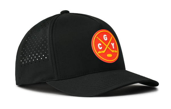 Black 5-panel snapback hat with CGY circular badge and left-side perforation pattern