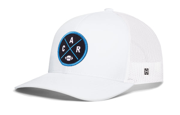 White trucker cap with mesh sides and round CAR X badge on the front, snapback closure.