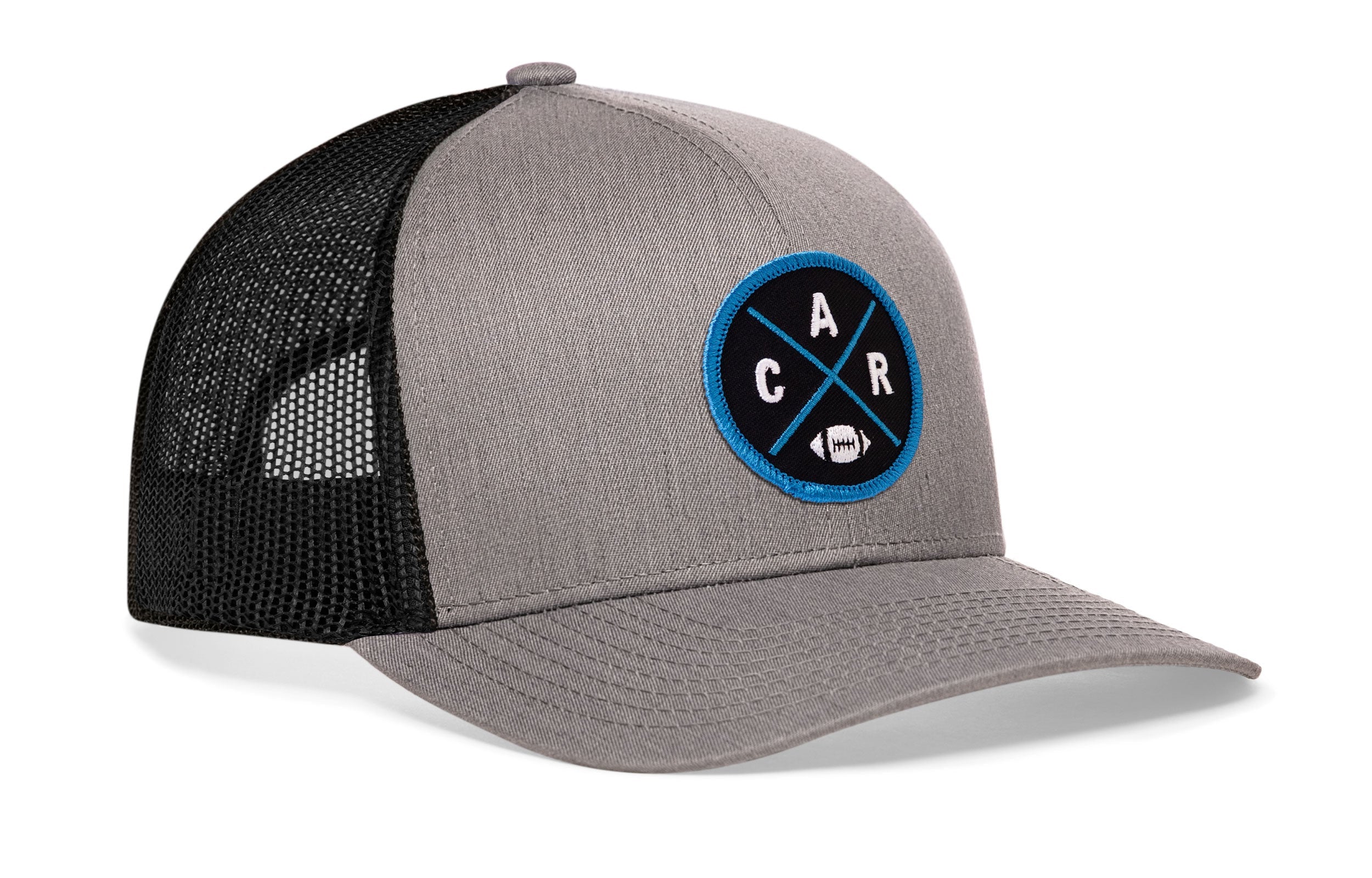Gray trucker cap with black mesh back and round CAR X badge on the front, snapback.