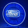 Round blue neon sign with “Ford” script, “Lincoln” lettering, and glowing ring