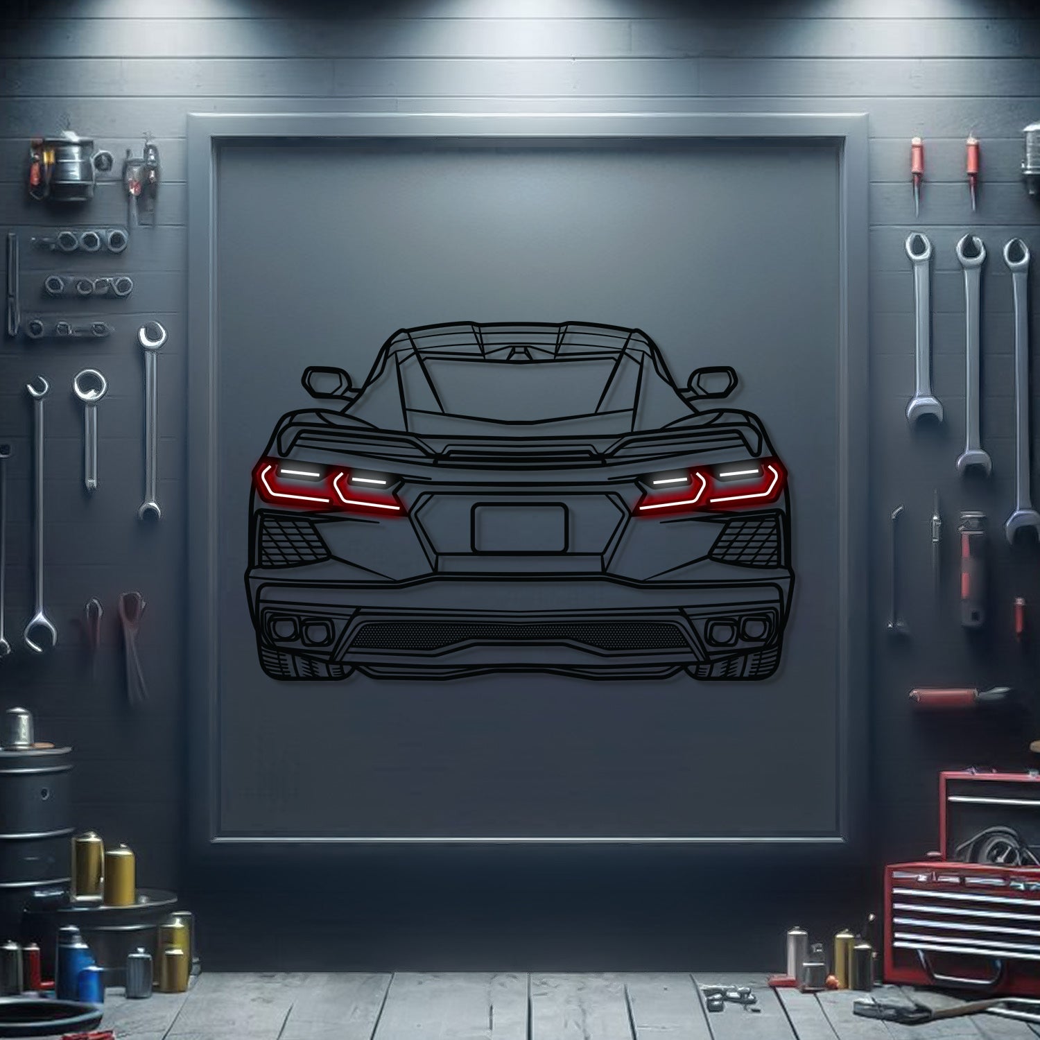 Corvette C8 rear metal neon wall art with red tail light accents in a framed display