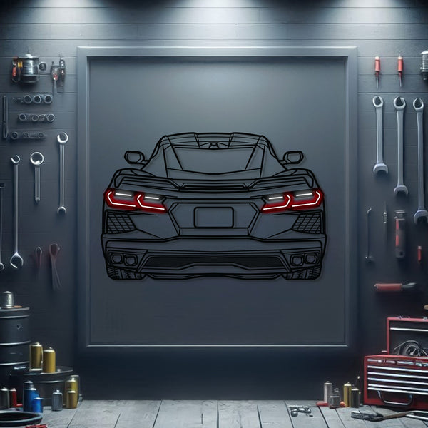 Corvette C8 rear metal neon wall art with red tail light accents in a framed display