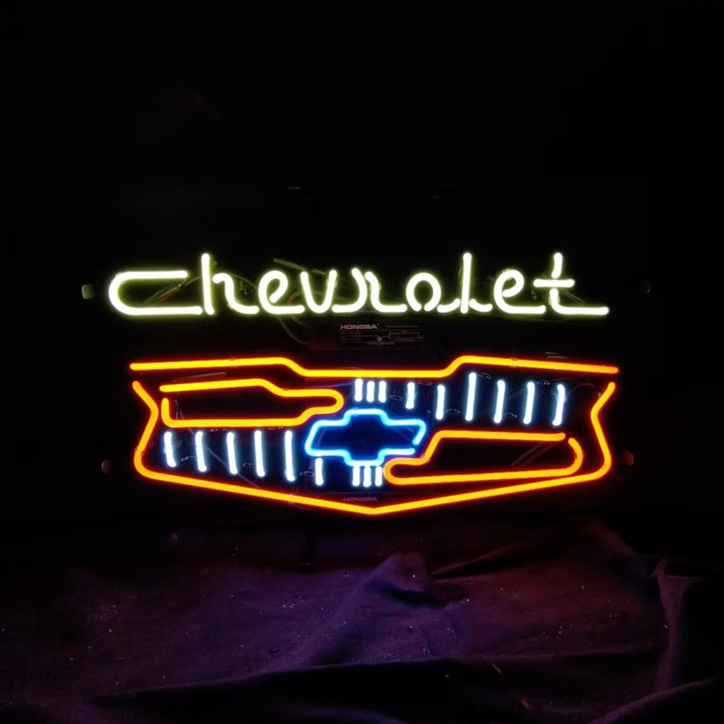 Neon car logo sign with Chevrolet script and orange-blue grille light bars