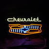 Neon car logo sign with Chevrolet script and orange-blue grille light bars