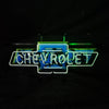 Chevrolet neon bowtie logo sign with blue outline and blue-green glow