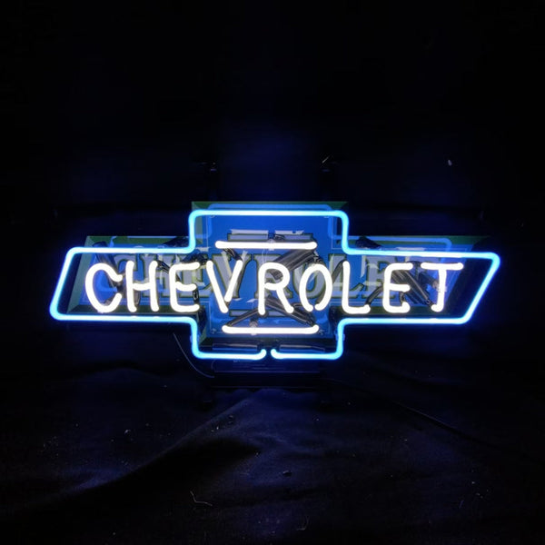 Chevrolet neon bowtie logo sign with blue tubing and CHEVROLET lettering