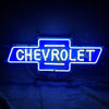 Chevrolet neon bowtie logo sign, blue outline and CHEVROLET wordmark