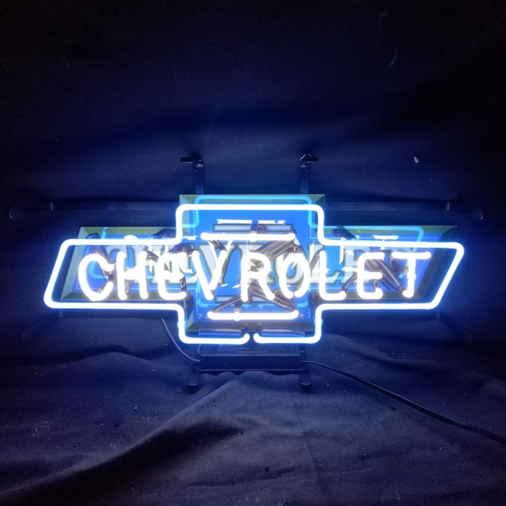 Chevrolet neon bowtie logo sign with blue outline and bright CHEVROLET lettering