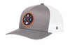 Gray trucker hat with orange logo patch and white mesh back, snapback strap
