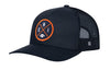Navy trucker hat with orange logo patch and mesh back, snapback strap