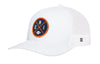 White trucker hat with orange logo patch and mesh back, snapback strap