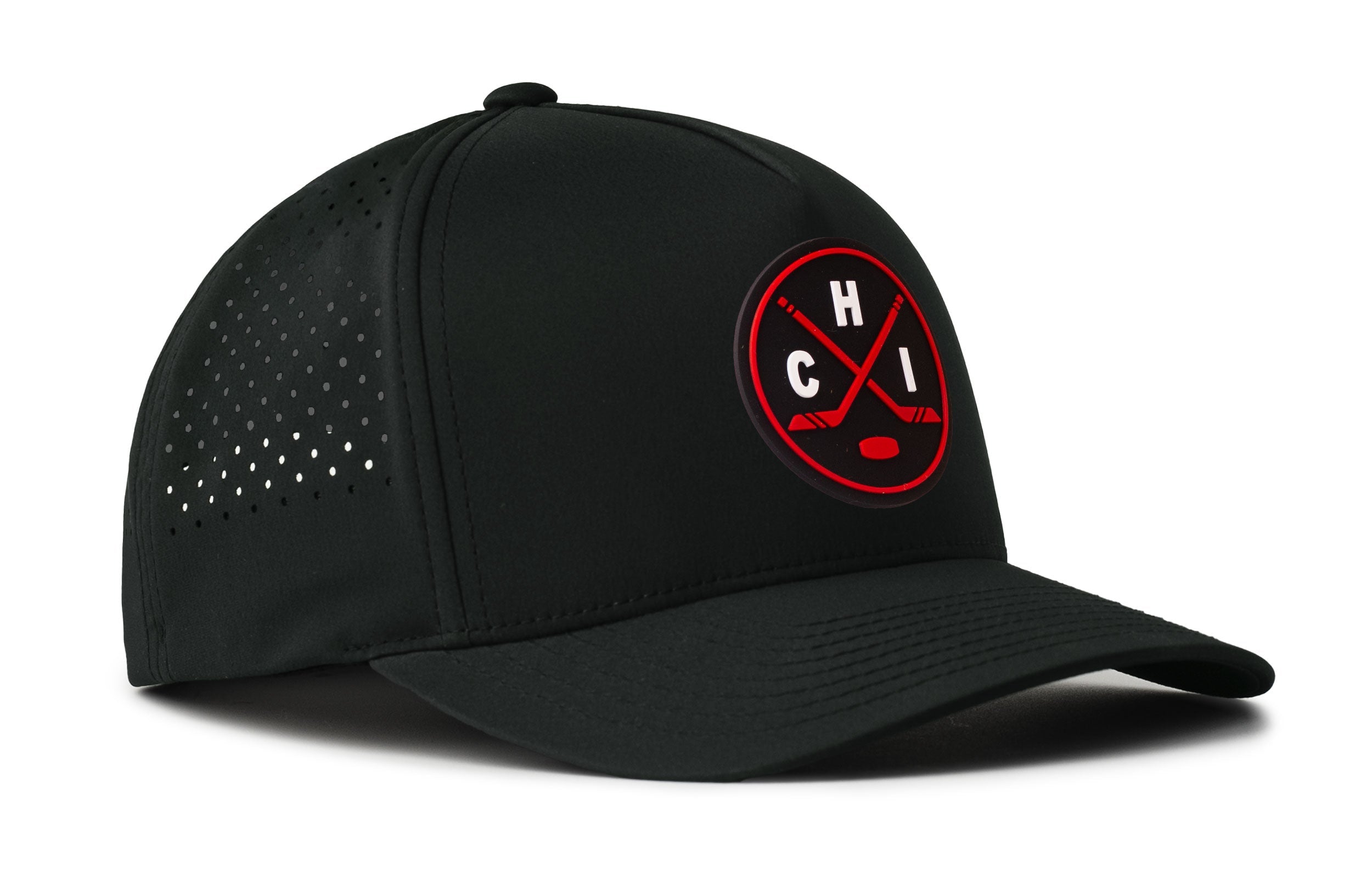 Black 5-panel hockey cap with perforated side panels and circular logo patch