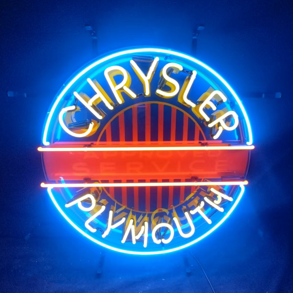 Neon logo sign reading CHRYSLER and PLYMOUTH, blue outline with red stripes glow