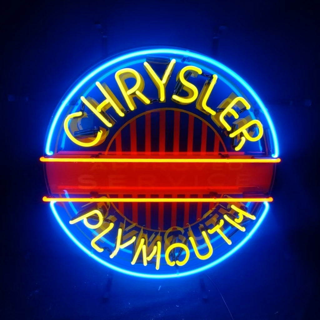 Neon logo sign with CHRYSLER and PLYMOUTH text, blue light and yellow/red bars