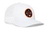 White trucker cap with orange circular logo patch, curved brim, and mesh back.